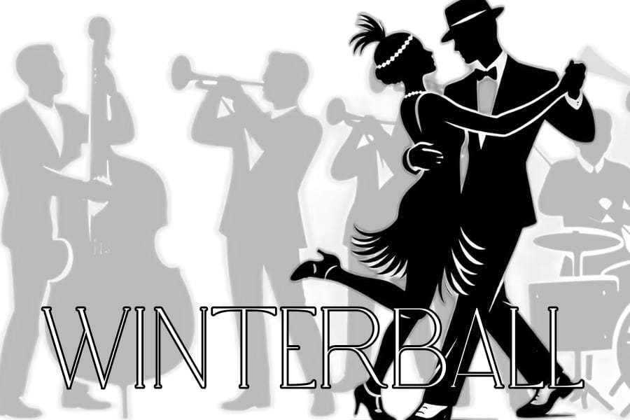 ein tanzendes Paar mit Bigband im Hintergrund